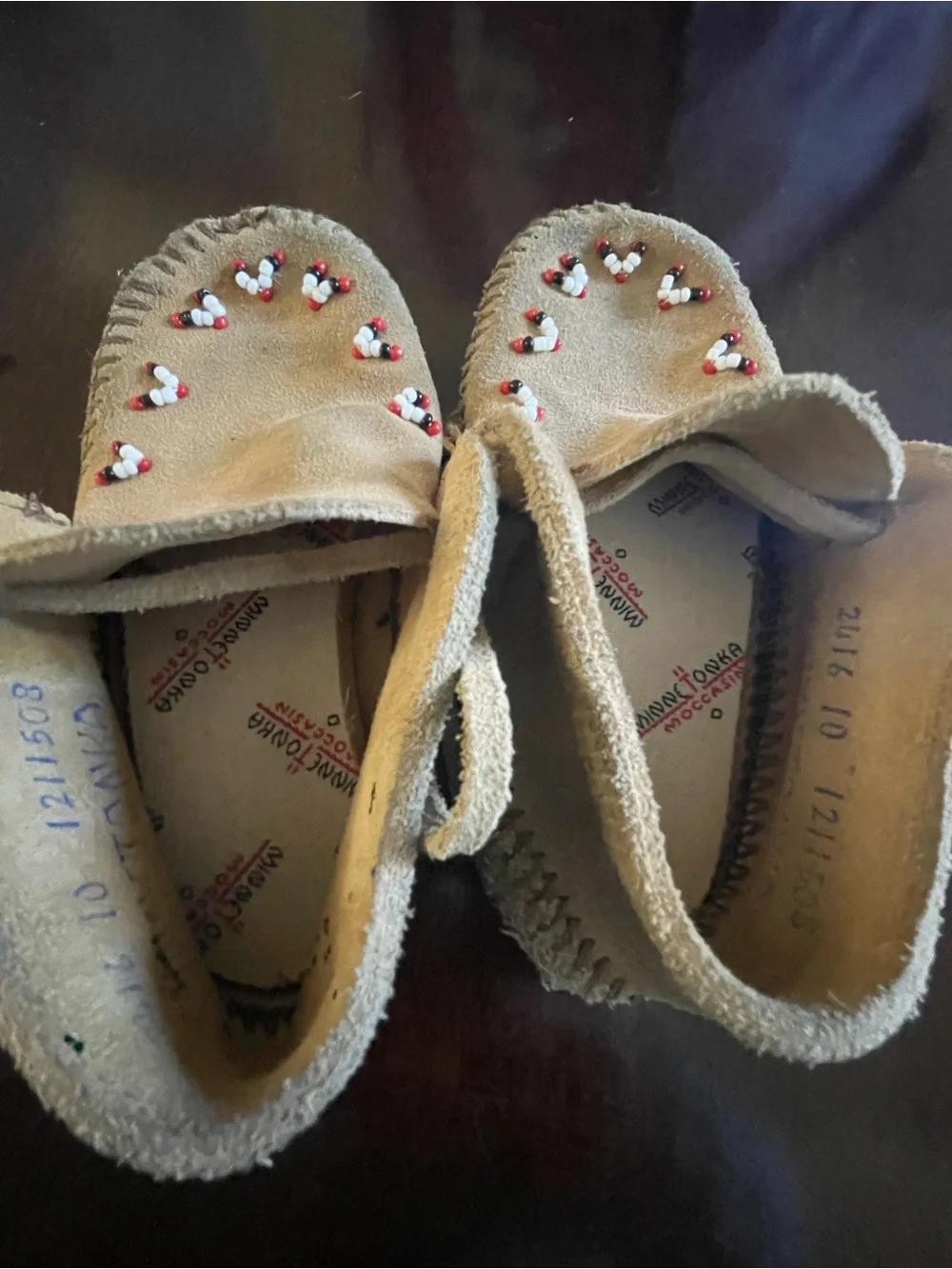 VINTAGE Kids Size 10 Minnetonka Tan Suede Beaded Moccasin with Leather Soles